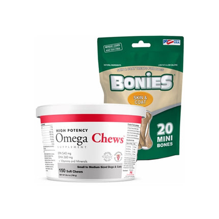 Omega Chews for Small to Medium Sized Dogs & Cats (150 Soft Chews) + FREE BONIES Skin & Coat Health Multi-Pack MINI (20 Bones)