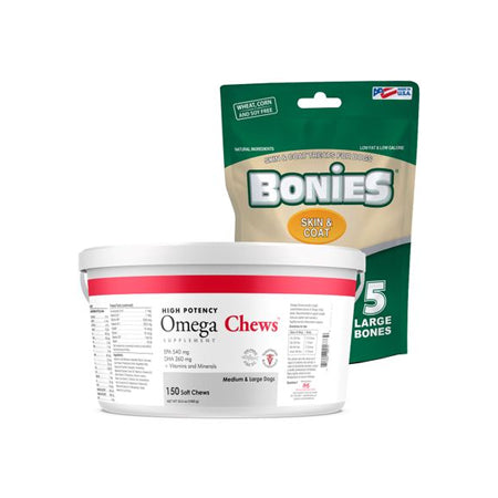 Omega Chews for Medium & Large Dogs (150 Soft Chews) + FREE BONIES Skin & Coat Health Multi-Pack LARGE (5 Bones)